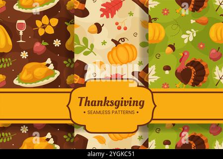 Modèle de motif sans couture festif Thanksgiving Day avec des éléments de dessin animé de style plat vibrant pour des designs saisonniers et des décorations de vacances Illustration de Vecteur