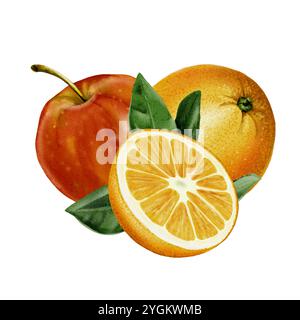 Composition d'une pomme entière et d'une orange et d'une demi-orange, feuilles. Illustration couleur. Couleurs rouge, jaune, vert et orange. Aquarelle Banque D'Images