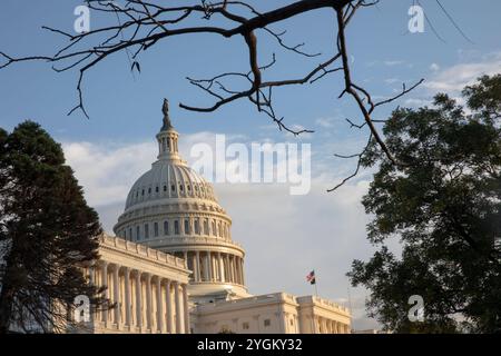 Une vue du Capitole américain à Washington, DC, États-Unis, le 7 novembre 2024, jours après les élections nationales. Le Capitole des États-Unis, souvent appelé Capitole ou Capitole Building, est le siège du Congrès des États-Unis, la branche législative du gouvernement fédéral. Il est situé sur Capitol Hill à l'extrémité est du National Mall à Washington, DC Banque D'Images