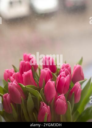 Tulipes fuchsia éclatantes sur le rebord d'une fenêtre de jour de pluie, gros plan vertical Banque D'Images
