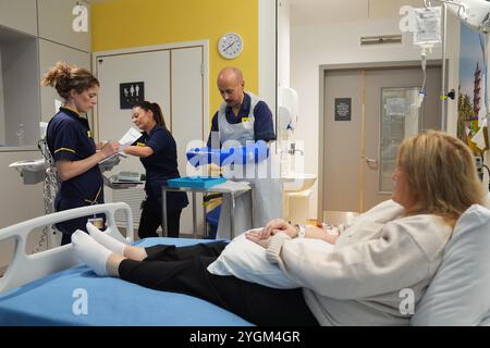 Rob McDonnell, animateur principal de pratique clinique, se prépare à administrer un traitement révolutionnaire par perfusion CAR T pour le lupus à une patiente Katie Tinkler de l'University College London Hospital à Londres. Trois patients au Royaume-Uni ont reçu un traitement « révolutionnaire » pour le lupus sur le NHS, qui, selon les experts, pourrait éradiquer le besoin de médicaments à vie. Jusqu'à présent, la thérapie par les cellules T CAR agit en modifiant génétiquement le propre système immunitaire du corps pour reconnaître et attaquer les cellules problématiques, offrant aux gens un remède possible. Date de la photo : mercredi 6 novembre 2024. Banque D'Images