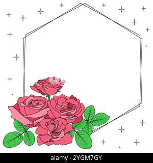 Cadre floral décoratif. Roses, feuilles, bouton. Composition géométrique élégante, illustration de bordure vintage. Illustration de Vecteur