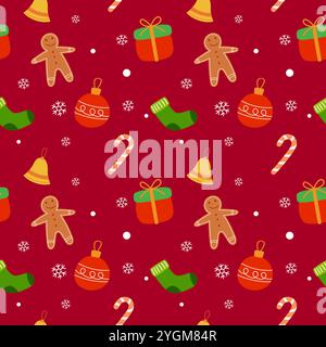 Conception de modèle sans couture de Noël avec homme en pain d'épice, snowflex, boîte cadeau, bonbons, cloche, pour papier et fond textile. Illustration de Vecteur