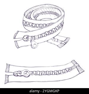 Fermetures éclair pour vêtements fermoir les fermetures à mouches en tissu. Illustration vectorielle d'encre dessinée à la main couture artisanale fournit des outils. Ensemble d'objets isolés sur Illustration de Vecteur