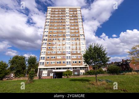 Photo d'un bloc d'appartements et d'appartements appartenant au conseil situé dans le district d'Armley à l'ouest de Leeds, West Yorkshire, Angleterre montrant la hig Banque D'Images