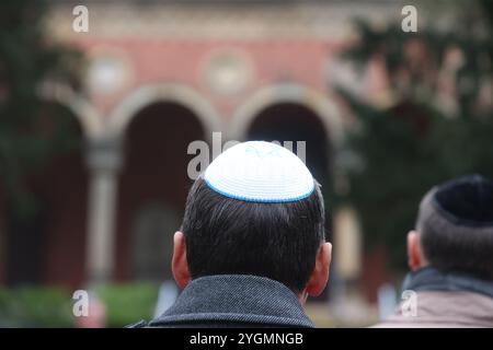 Erfurt, Allemagne. 08 novembre 2024. Un homme portant une kippa se tient au cimetière juif lors d'une cérémonie commémorative pour marquer l'anniversaire de la nuit du pogrom de 1938. Crédit : Bodo Schackow/dpa/Alamy Live News Banque D'Images