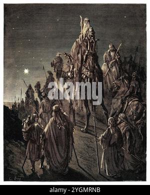 La Nativité. Les trois sages de l'est suivent l'étoile jusqu'à Bethléem (Matthieu 2:9) Nouveau Testament. Illustration biblique antique numériquement colorée par Gustave Doré (1832-1883) Banque D'Images
