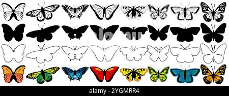 Ensemble de beaux éléments papillon dans différents modèles isolés sur un fond blanc Illustration de Vecteur