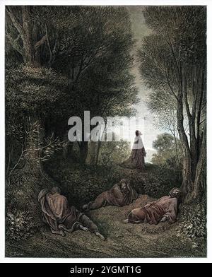 Jésus prie dans le jardin de Gethsémani sur le mont des oliviers à Jérusalem. Nouveau Testament. Illustration biblique antique numériquement colorée par Gustave Doré (1832-1883) Banque D'Images