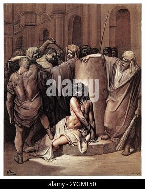 La flagellation du Christ par l'ordre de Ponce Pilate (Jean 19,1) Nouveau Testament. Illustration biblique antique numériquement colorée par Gustave Doré (1832-1883) Banque D'Images