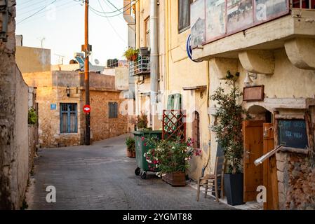 Rues grecques étroites à Hersonissos, en Crète, en Grèce, bordées de charmants bâtiments blanchis à la chaux, de fleurs colorées et de magasins locaux dynamiques, exsudant l'omble Banque D'Images