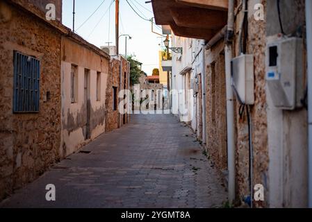 Rues grecques étroites à Hersonissos, en Crète, en Grèce, bordées de charmants bâtiments blanchis à la chaux, de fleurs colorées et de magasins locaux dynamiques, exsudant l'omble Banque D'Images