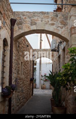 Rues grecques étroites à Hersonissos, en Crète, en Grèce, bordées de charmants bâtiments blanchis à la chaux, de fleurs colorées et de magasins locaux dynamiques, exsudant l'omble Banque D'Images