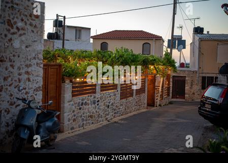 Rues grecques étroites à Hersonissos, en Crète, en Grèce, bordées de charmants bâtiments blanchis à la chaux, de fleurs colorées et de magasins locaux dynamiques, exsudant l'omble Banque D'Images