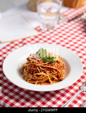 Spaghettis italiens classiques recouverts d'une riche sauce tomate rouge et d'une feuille de basilic frais, un plat simple mais savoureux qui incarne la cuisine italienne. Banque D'Images