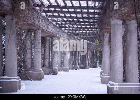 La pergola enneigée près de la salle du Centenaire de Wrocław, en Pologne, crée une scène hivernale pittoresque, invitant les visiteurs à découvrir le charme de an Banque D'Images