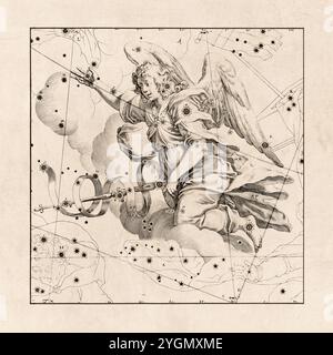 Illustration de carte céleste avec inspiration vintage. Figures de constellation, étoiles et symboles astrologiques. Style inspiré de la Renaissance. Banque D'Images