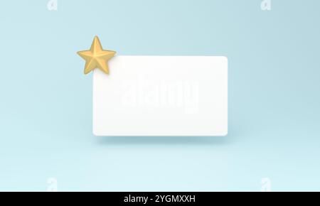 Illustration 3D d'une étoile dorée placée sur le coin d'une carte blanche vierge, placée sur un fond bleu clair, symbolisant l'excellence, la réalisation, o Banque D'Images