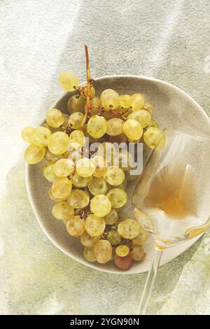 Une branche de raisins blancs, sur une plaque grise, avec un verre de vin blanc, vue de dessus, lumière naturelle, concept de nourriture, pas de gens Banque D'Images