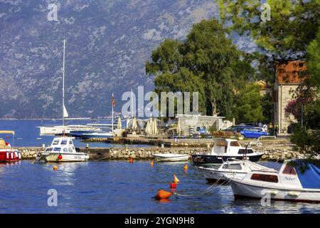 Kotor, Monténégro, 20 septembre 2023 : paysage d'été avec des bateaux amarrés, mer Adriatique et hautes montagnes, Europe Banque D'Images