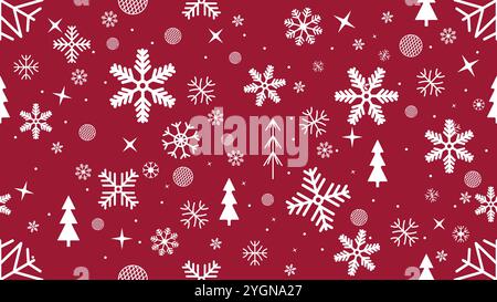 flocons de neige blancs à motif sans couture et arbres de noël, avec des éléments géométriques festifs avec des étoiles et une boule sur fond rouge Illustration de Vecteur