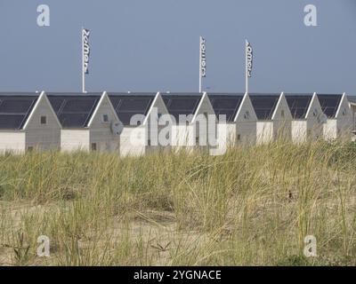 Rangées de cabanes de plage derrière des dunes sous un ciel bleu clair, katwijk, mer du Nord, pays-bas Banque D'Images