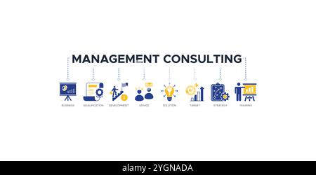 Concept d'illustration vectorielle d'icône Web de bannière de conseil en gestion avec les icônes de l'entreprise, qualification, développement, conseil Illustration de Vecteur