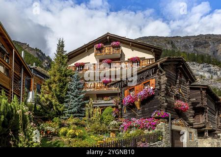 Chalet alpin traditionnel en bois avec des fleurs de géranium sur la fenêtre en été, village alpin de Zermatt, Suisse, Alpes suisses, Europe Banque D'Images