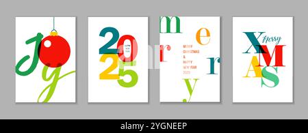 Bonne année 2025 et ensemble coloré d'affiches de Noël typographie. Modèle de conception de vacances vectorielles avec logo 2025 coloré et texte joyeux Noël Illustration de Vecteur