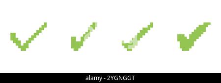 Coche Pixel Art Green définie sous différentes formes. Collecte de symboles de validation et de confirmation. Signe de réussite et d'approbation. Vecteur isolé Illustration de Vecteur