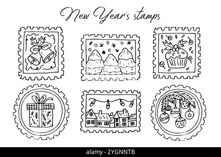 Timbres-poste de Noël dessinés à la main en noir et blanc. Pour scrapbooking, timbres en caoutchouc, autocollants, timbres-poste. Dessins de Noël vectoriels. Illustration de Vecteur