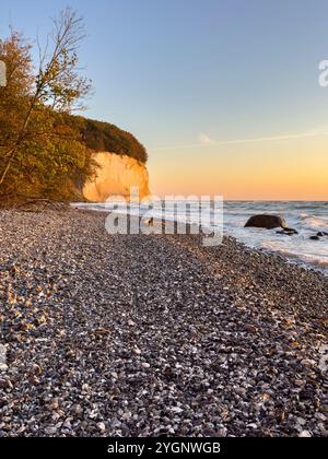 Les falaises de craie sur Rügen sont illuminées par le soleil avec une plage de pierre dans l'image d'automne au premier plan Banque D'Images