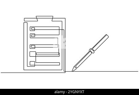 Un dessin en ligne continue du presse-papiers avec liste de contrôle. Isolé sur fond blanc, presse-papiers avec vérification. Dessin continu d'une ligne d'affaires Illustration de Vecteur