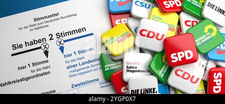 Plan conceptuel pour l'élection allemande du Bundestag. Logos des plus grands partis politiques allemands (CDU, CSU, SPD, Die Grünen, FDP, Die Linke, BSW, AF Banque D'Images