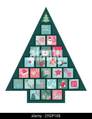 Calendrier de l'Avent de Noël pour 24 jours. Décorations de Noël. Calendrier de L'AVENT en forme D'arbre de NOEL. Illustration vectorielle Illustration de Vecteur