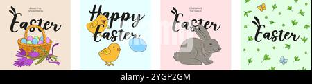 Joyeuses cartes de vœux carrées pour les fêtes de Pâques. Oeufs colorés dans le panier, lapin mignon et poussins. Bannière traditionnelle de célébration religieuse printanière. Fleurs décoratives festives de dessin, panier et lapin Illustration de Vecteur