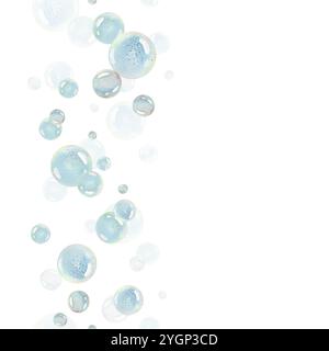 Bulles d'eau bleues de différentes tailles et tons dans un ordre chaotique. Illustration aquarelle dessinée à la main. Bordure verticale sans couture, motif Banque D'Images