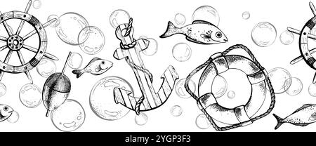 Ancre, roue de navire, bouée de sauvetage, flotteur de pêche avec des poissons et des bulles. Dessin linéaire graphique, dessiné à la main en noir et blanc monochrome. nautique Illustration de Vecteur