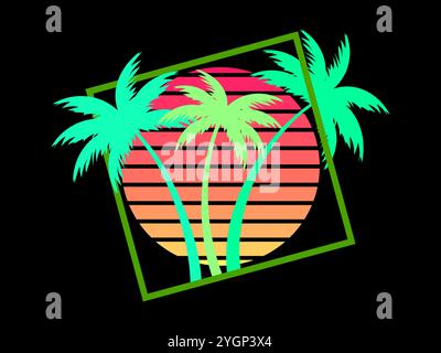 Palmiers au coucher du soleil rétro soleil dans le style des années 80. Silhouettes rétro futuristes de palmiers contre le soleil dans un cadre carré. Style Synthwave. Conception pour Illustration de Vecteur