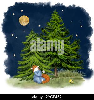 Petit renard en pyjama bleu dans la forêt nocturne. Illustration numérique aquarelle. Mug blanc en pattes de renard, sapins dans le pré isolé sur fond Banque D'Images