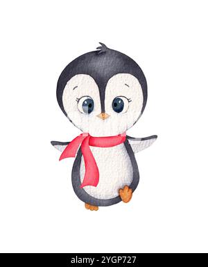 Mignon pingouin aquarelle dans une écharpe. Caractère pour Noël et la conception du nouvel an. Banque D'Images