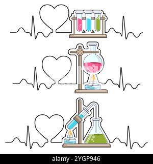 Amour de la chimie. Ensemble d'instruments chimiques sur fond de coeur et de pouls. Isolé sur fond blanc. Illustration vectorielle. Illustration de Vecteur