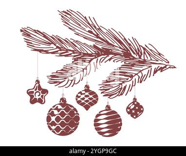 Branche de sapin avec boules suspendues et décorations. Noël, esquisse des vacances du nouvel an. Dessin vectoriel vintage dessiné à la main Illustration de Vecteur