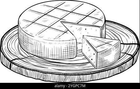 Roue à fromage sur illustration vectorielle de planche à découper en bois. Dessin avec tranche de produit laitier de ferme peint par des encres noires. Gravure linéaire de nourriture rustique pour livre de cuisine et recette. Illustration de Vecteur