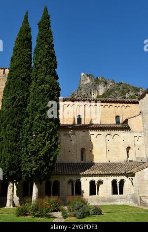 Le cloître de l'abbaye de Gellone à Saint-Guilhem-le-désert dans l'Hérault Banque D'Images