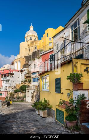 Vue panoramique sur le village de pêcheurs coloré de Corricella, Procida, Campanie, Italie Banque D'Images