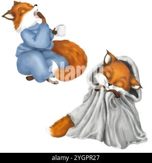 Un ensemble d'animaux mignons : un petit renard en pyjama et un petit renard endormi dans une couverture. Illustration aquarelle mise en évidence sur le fond. Pyjama bleu a Banque D'Images