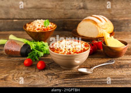 Bols de pâtes fagioli avec des ingrédients sur fond en bois Banque D'Images