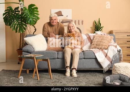 Heureux couple aîné avec chien pomeranian mignon à la maison Banque D'Images