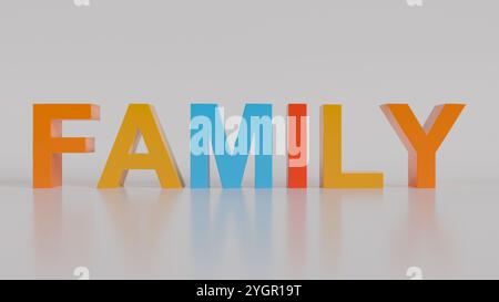 Texte « FAMILIAL » 3D aux couleurs vives sur fond blanc. Design minimaliste et moderne parfait pour les bannières, les cartes de vœux et le marketing familial. Banque D'Images